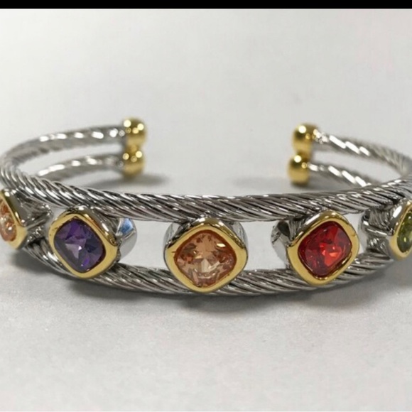 Multi Colored Crystal Twisted Steel Cuff,Boutique -NWT - Picture 1 of 9